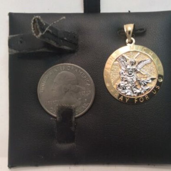 10K YELLOW REAL SOLID GOLD MEDALLION PENDANT SAINT MICHAEL PRAY FOR US 3.40 GR - Picture 4 of 8